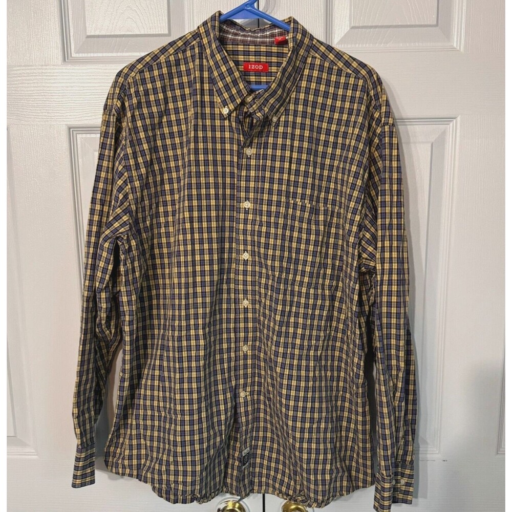 IZOD Button Down Shirt Mens XL Heritage Tartan Plaid Long Sleeve Preppy Chambray